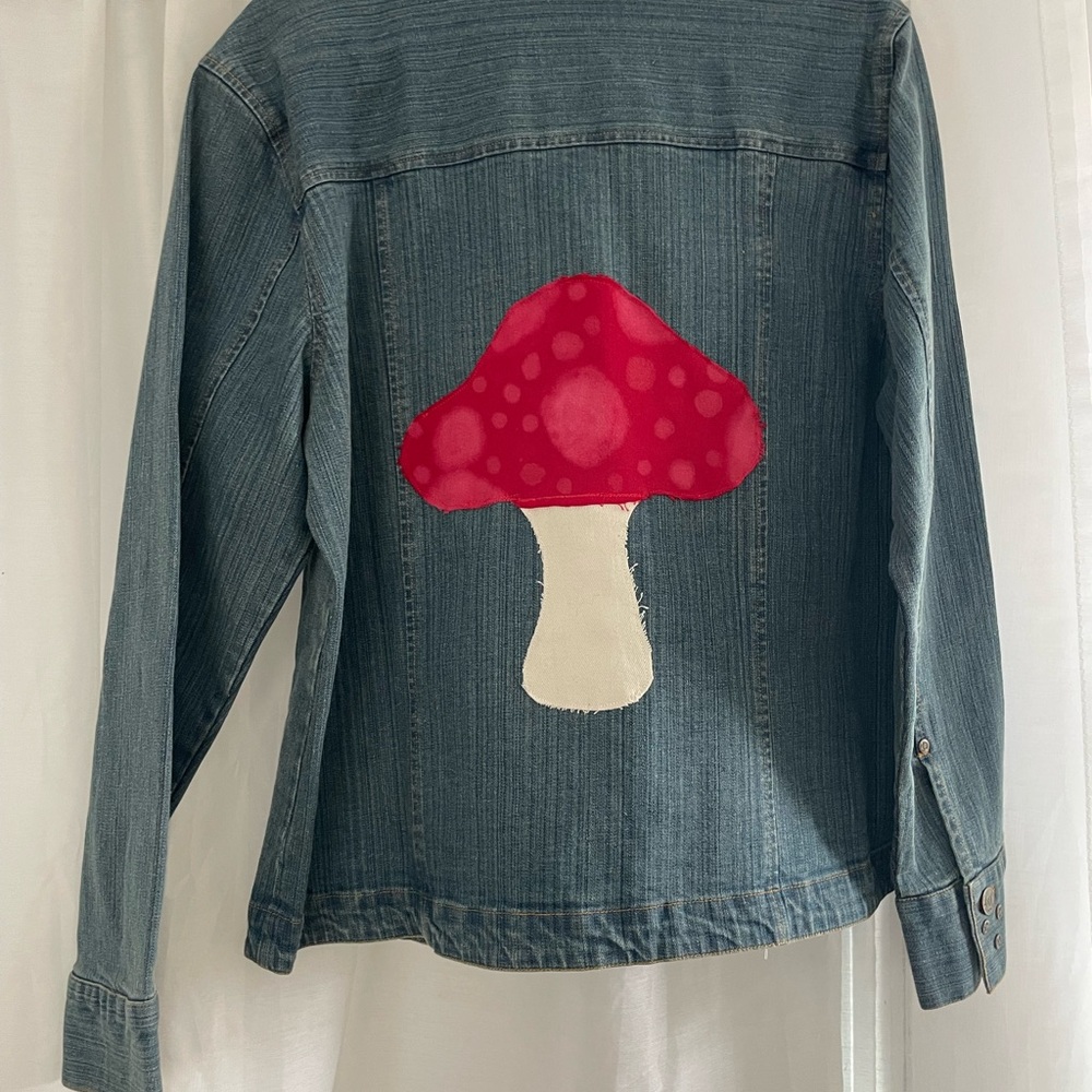 Denim Jacket with Red Mushroom Patch